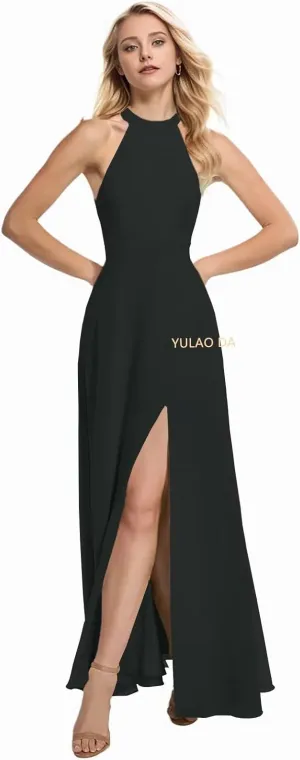 Halter Bridesmaid Dresses for Women with Slit A-Line Chiffon Maxi Evening Party Dresses for Teens