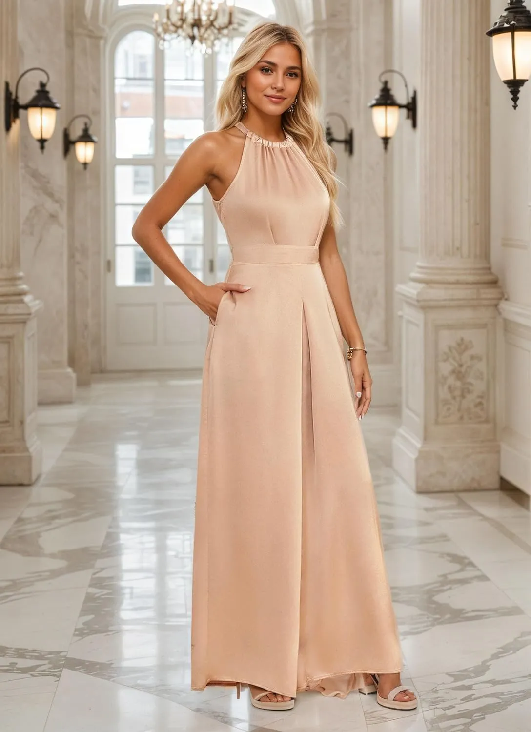 Halter Formal Jumpsuits for Women Satin Long Wide Leg Pants High Waist One Piece Outfits with Pockets Rompers