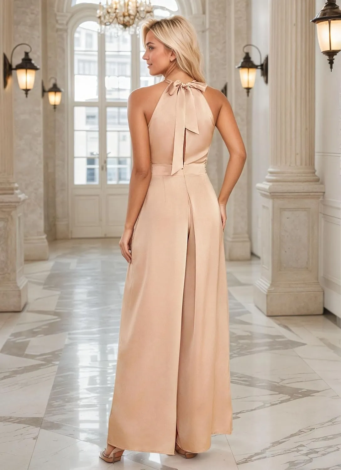 Halter Formal Jumpsuits for Women Satin Long Wide Leg Pants High Waist One Piece Outfits with Pockets Rompers