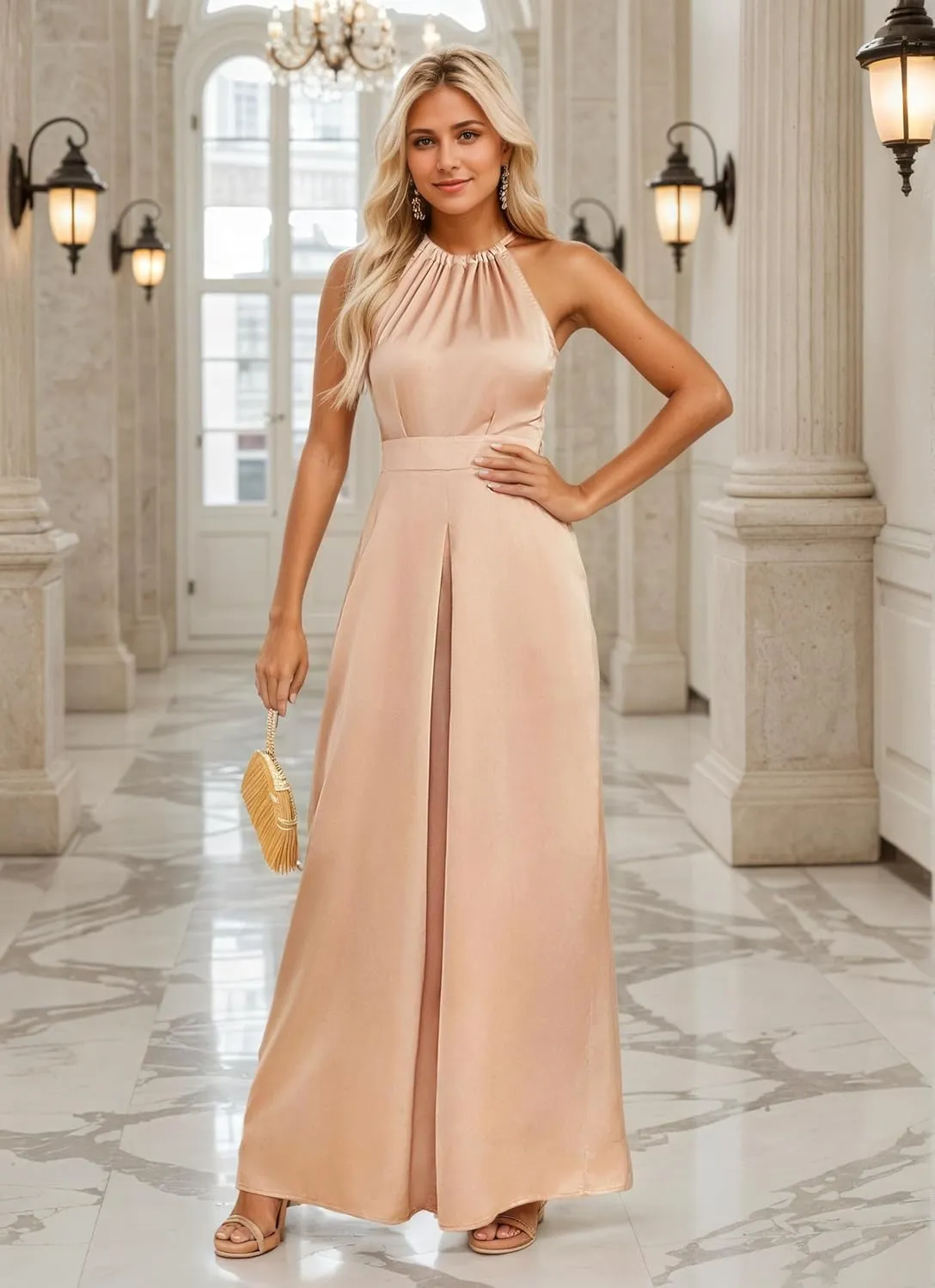 Halter Formal Jumpsuits for Women Satin Long Wide Leg Pants High Waist One Piece Outfits with Pockets Rompers