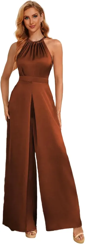 Halter Formal Jumpsuits for Women Satin Long Wide Leg Pants High Waist One Piece Outfits with Pockets Rompers