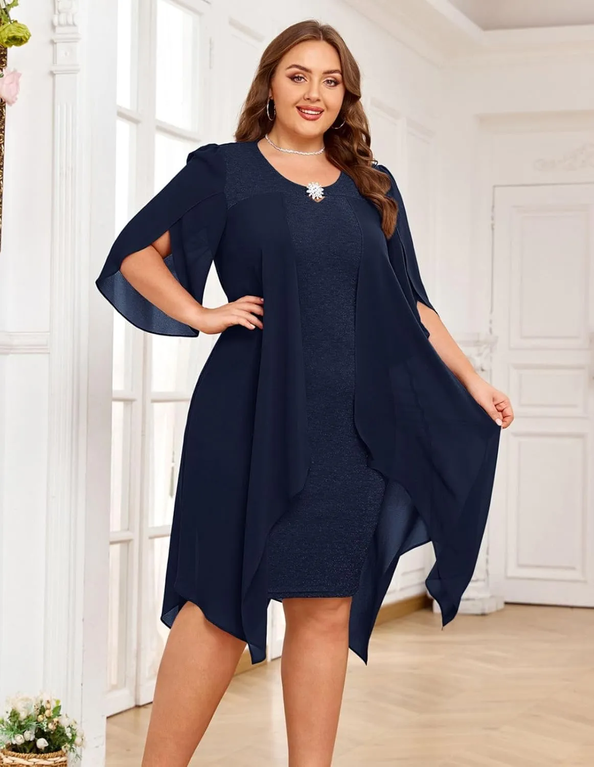 Hanna Nikole Plus Size Chiffon Dress 3/4 Sleeve Flowy Cocktail Party Midi Dresses