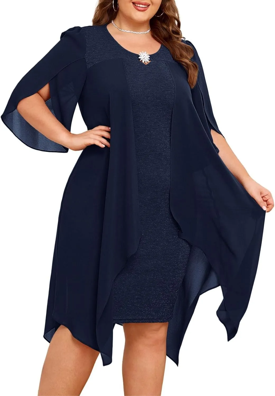 Hanna Nikole Plus Size Chiffon Dress 3/4 Sleeve Flowy Cocktail Party Midi Dresses