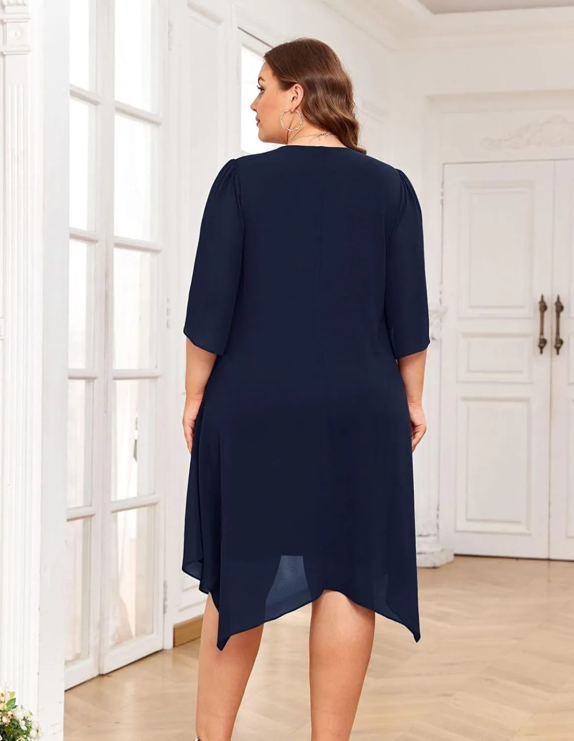 Hanna Nikole Plus Size Chiffon Dress 3/4 Sleeve Flowy Cocktail Party Midi Dresses