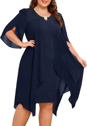 Hanna Nikole Plus Size Chiffon Dress 3/4 Sleeve Flowy Cocktail Party Midi Dresses