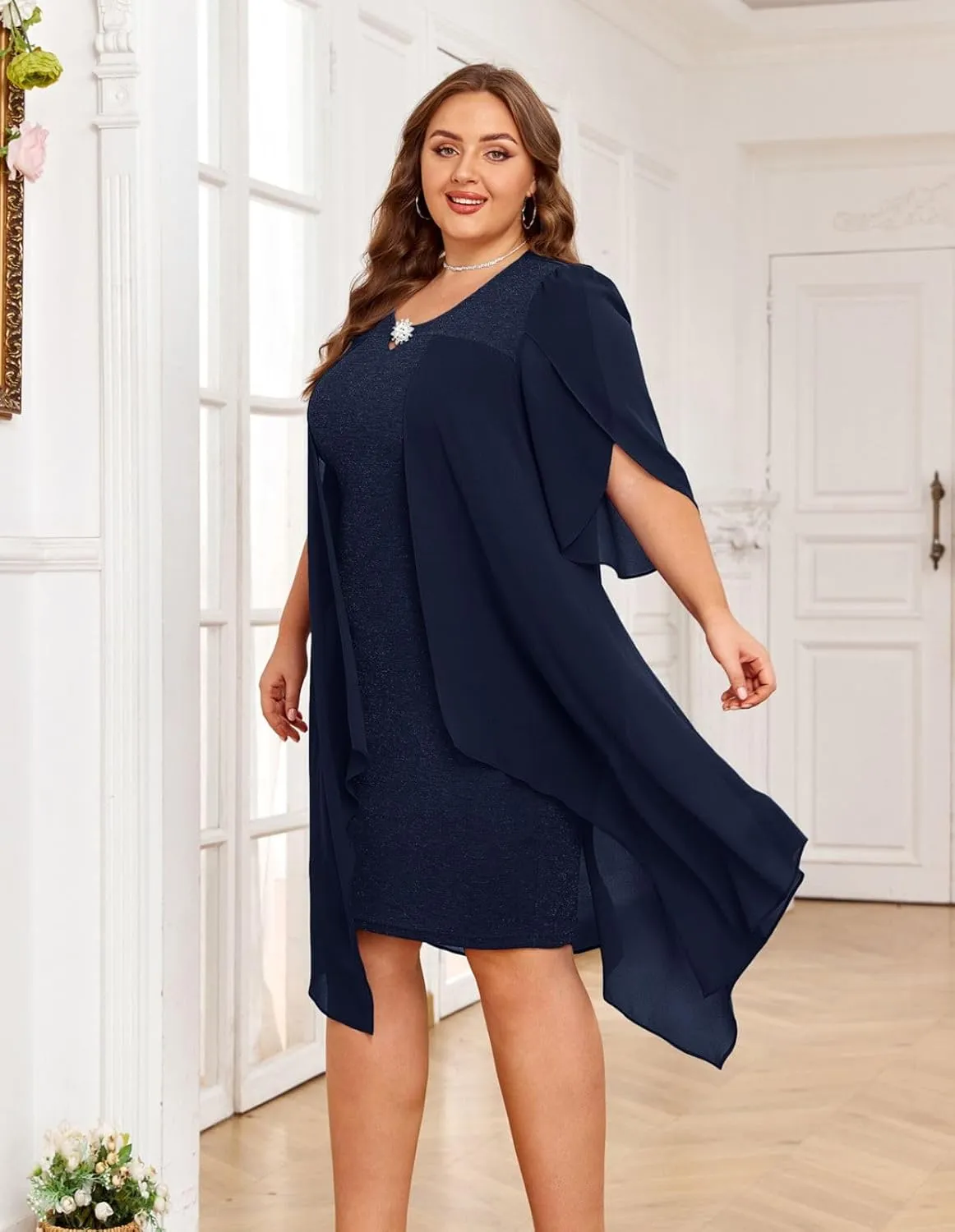 Hanna Nikole Plus Size Chiffon Dress 3/4 Sleeve Flowy Cocktail Party Midi Dresses