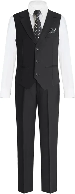 Happy Dolphin Boys 4-Piece Slim Fit Formal Vest Set with Suit Vest, Pants, Shirt, and Tie