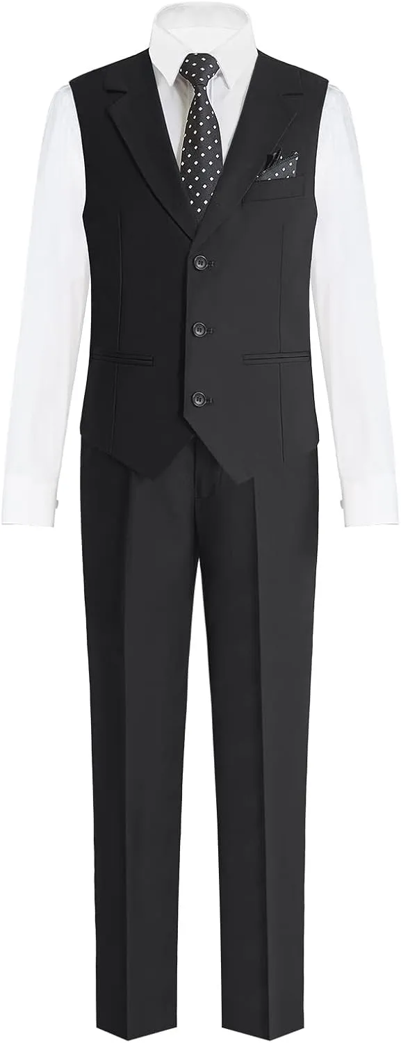 Happy Dolphin Boys 4-Piece Slim Fit Formal Vest Set with Suit Vest, Pants, Shirt, and Tie