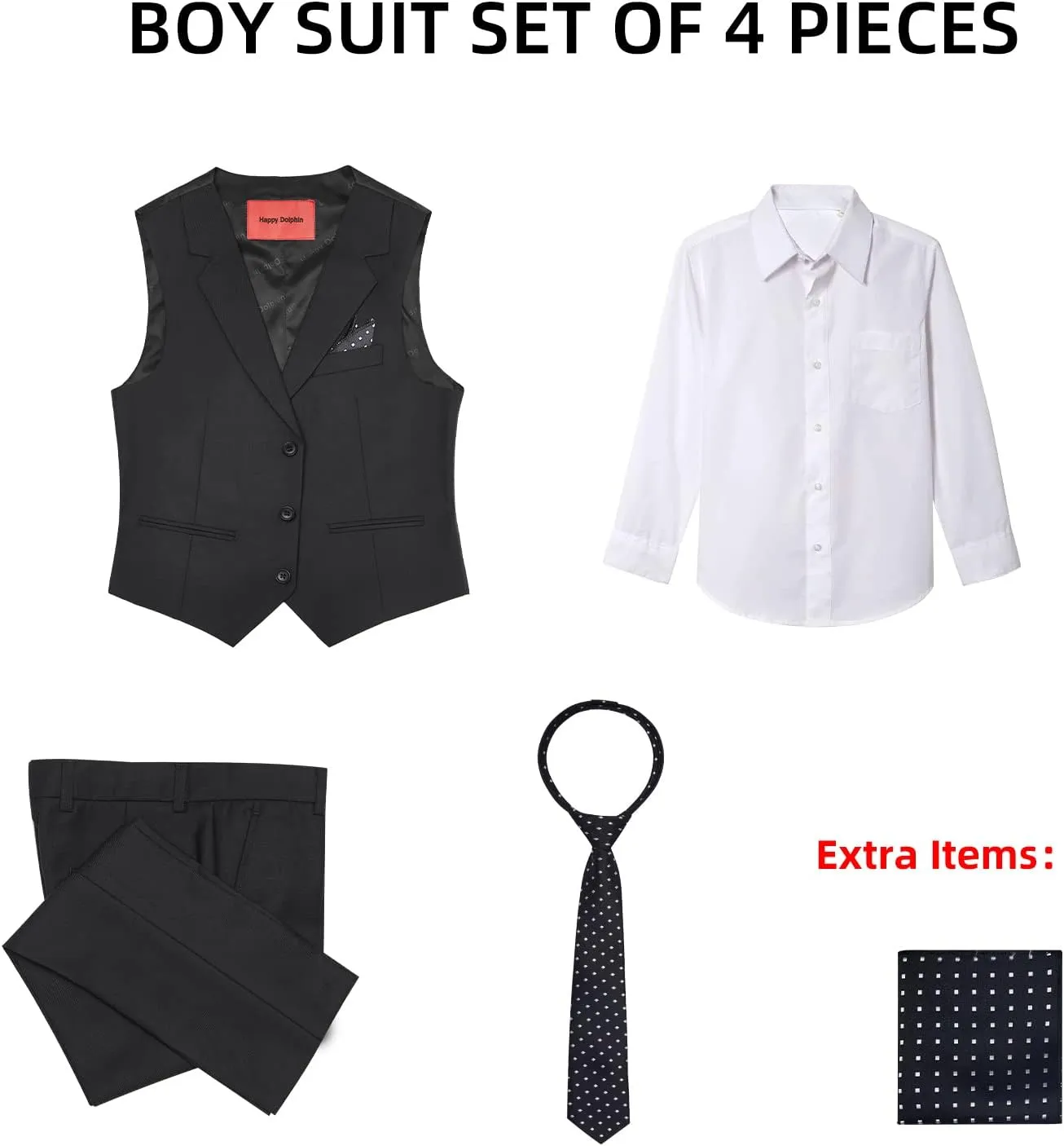 Happy Dolphin Boys 4-Piece Slim Fit Formal Vest Set with Suit Vest, Pants, Shirt, and Tie