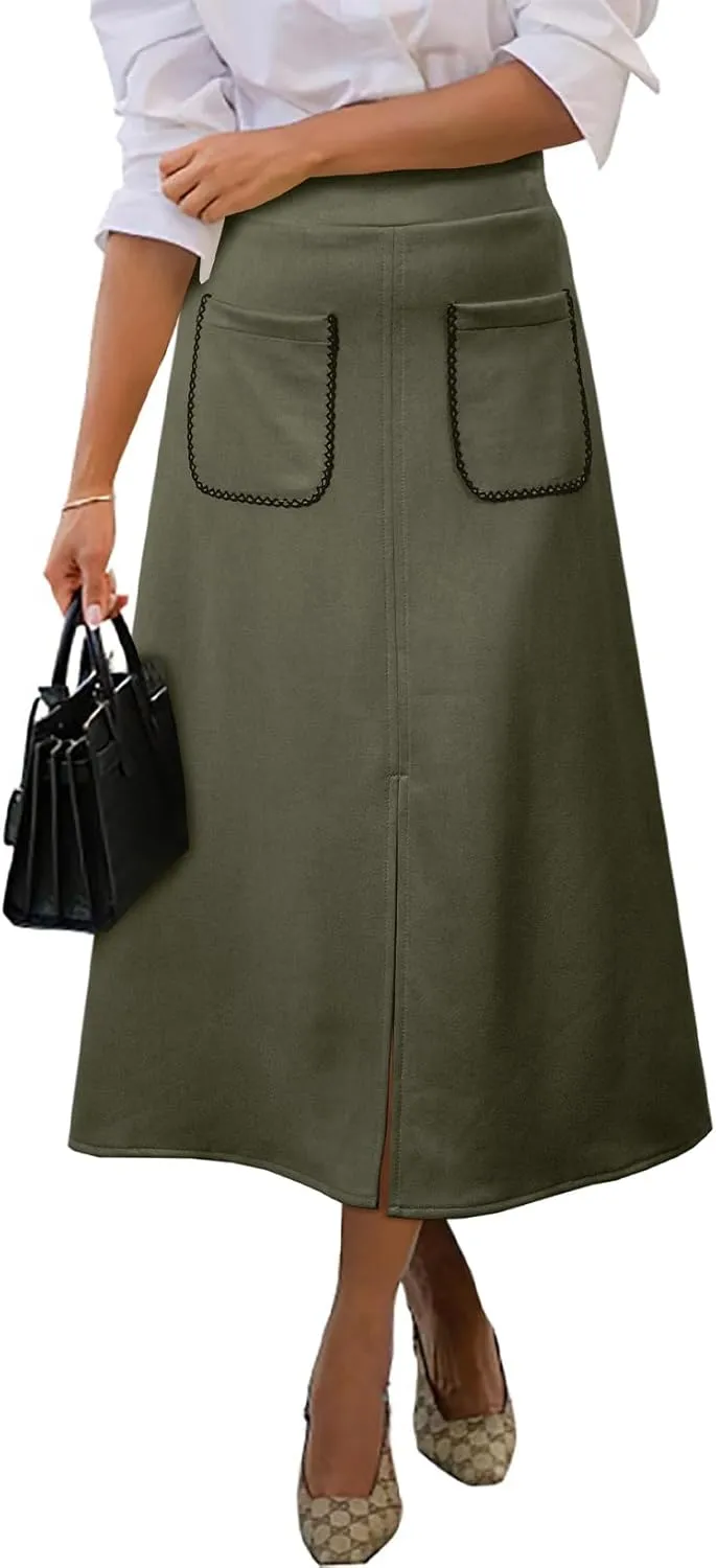 Happy Sailed Women's Faux Suede Skirt Spring Winter Elastic Waist Front Pockets A Line Midi Skirts with Split