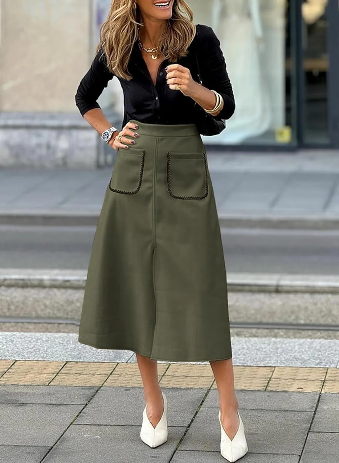 Happy Sailed Women's Faux Suede Skirt Spring Winter Elastic Waist Front Pockets A Line Midi Skirts with Split