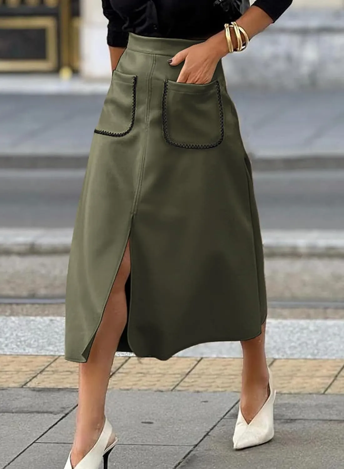 Happy Sailed Women's Faux Suede Skirt Spring Winter Elastic Waist Front Pockets A Line Midi Skirts with Split