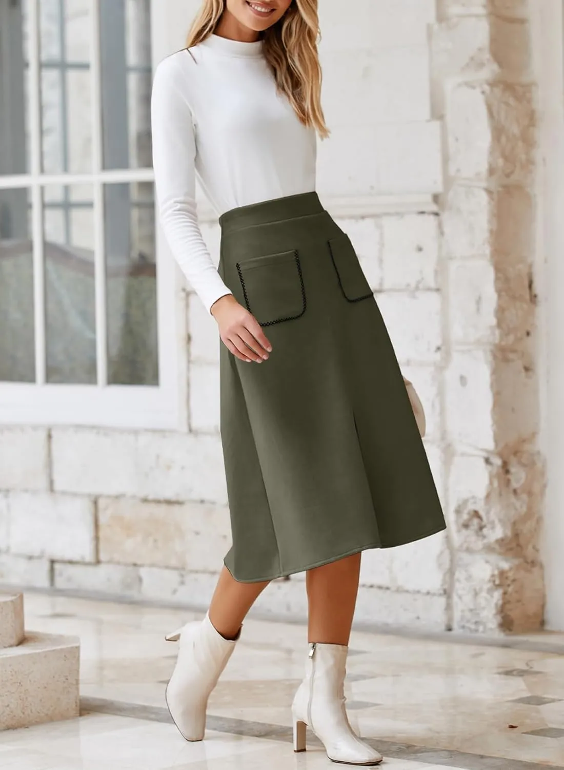 Happy Sailed Women's Faux Suede Skirt Spring Winter Elastic Waist Front Pockets A Line Midi Skirts with Split