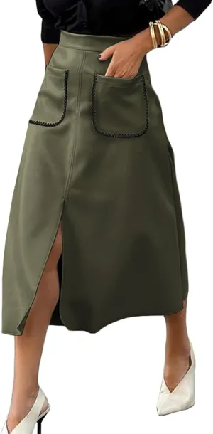 Happy Sailed Women's Faux Suede Skirt Spring Winter Elastic Waist Front Pockets A Line Midi Skirts with Split