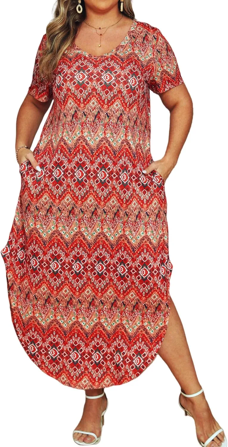 HBEYYTO Women's Plus Size Maxi Dresses V Neck Casual Short Sleeve Loose Pocket Slits Long Dress XL-5XL