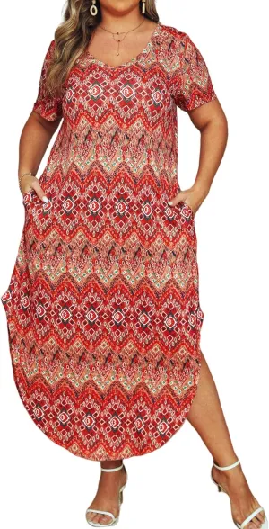 HBEYYTO Women's Plus Size Maxi Dresses V Neck Casual Short Sleeve Loose Pocket Slits Long Dress XL-5XL