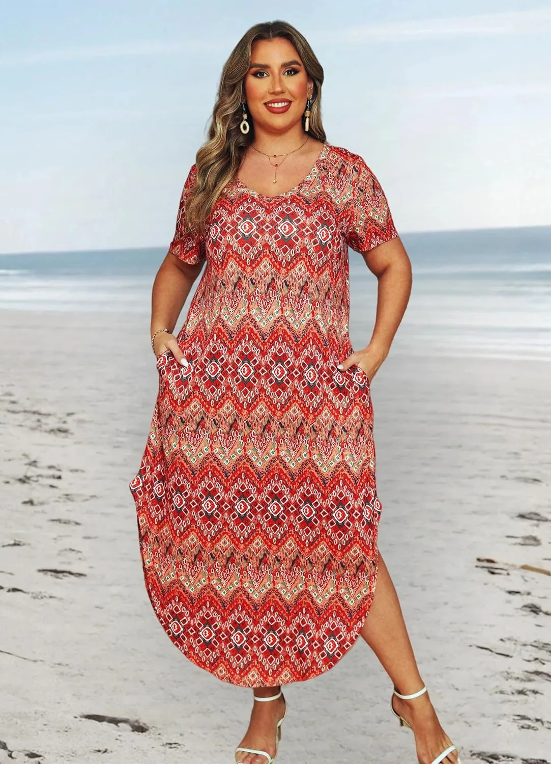 HBEYYTO Women's Plus Size Maxi Dresses V Neck Casual Short Sleeve Loose Pocket Slits Long Dress XL-5XL