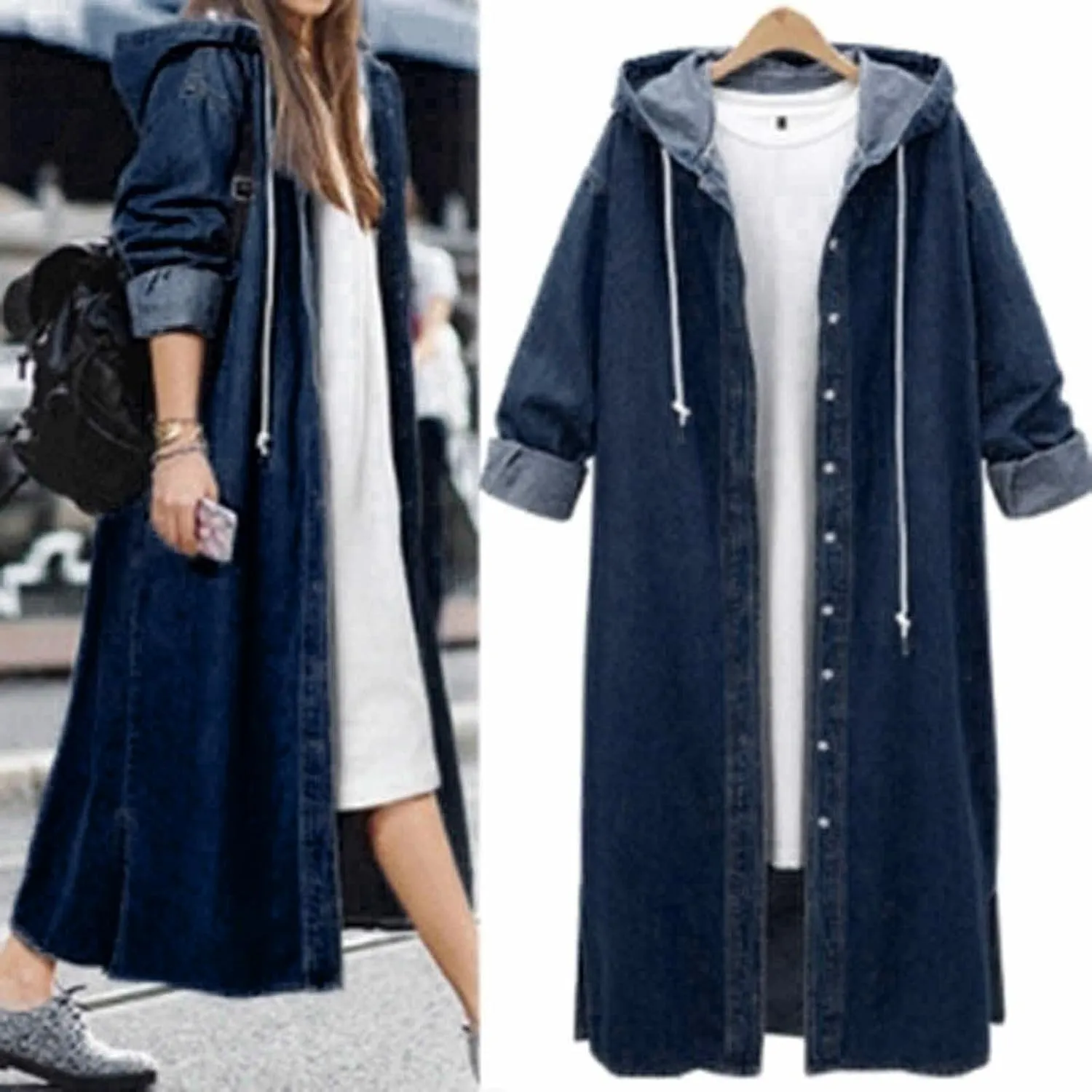 HGps8w Long Denim Jackets for Women Casual Button Down Hooded Maxi Jean Coat Loose Boyfriend Outercoat Outerwear with Pockets