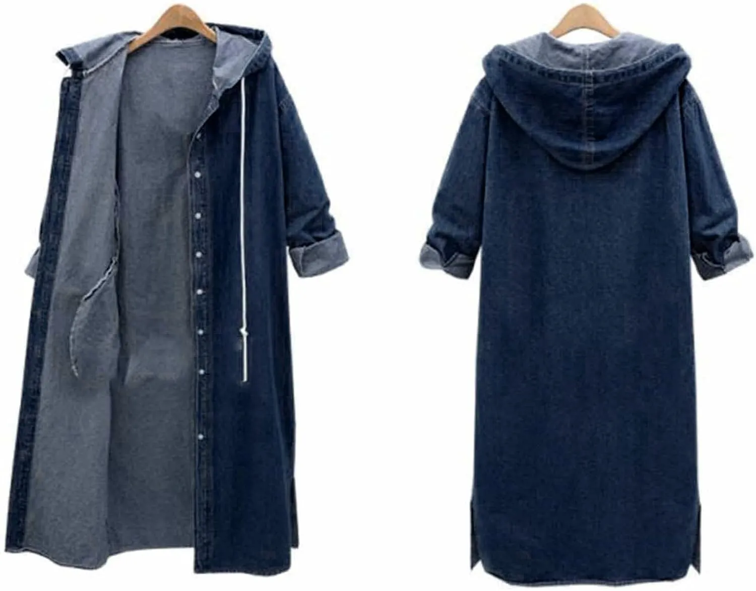 HGps8w Long Denim Jackets for Women Casual Button Down Hooded Maxi Jean Coat Loose Boyfriend Outercoat Outerwear with Pockets