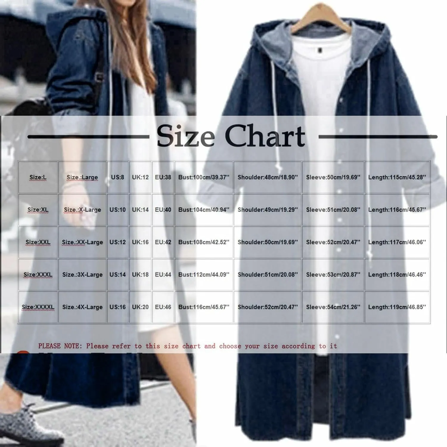 HGps8w Long Denim Jackets for Women Casual Button Down Hooded Maxi Jean Coat Loose Boyfriend Outercoat Outerwear with Pockets