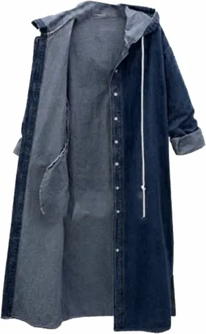 HGps8w Long Denim Jackets for Women Casual Button Down Hooded Maxi Jean Coat Loose Boyfriend Outercoat Outerwear with Pockets