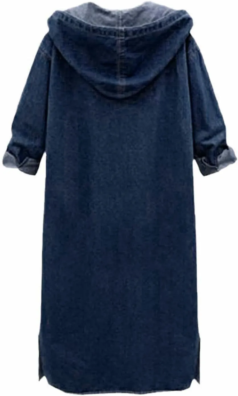 HGps8w Long Denim Jackets for Women Casual Button Down Hooded Maxi Jean Coat Loose Boyfriend Outercoat Outerwear with Pockets