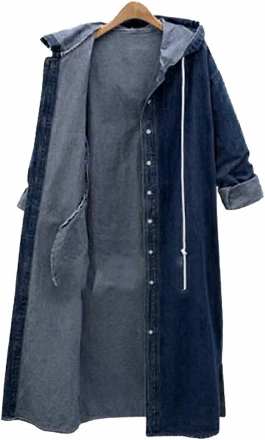 HGps8w Long Denim Jackets for Women Casual Button Down Hooded Maxi Jean Coat Loose Boyfriend Outercoat Outerwear with Pockets
