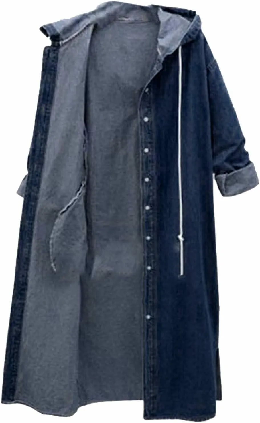 HGps8w Long Denim Jackets for Women Casual Button Down Hooded Maxi Jean Coat Loose Boyfriend Outercoat Outerwear with Pockets