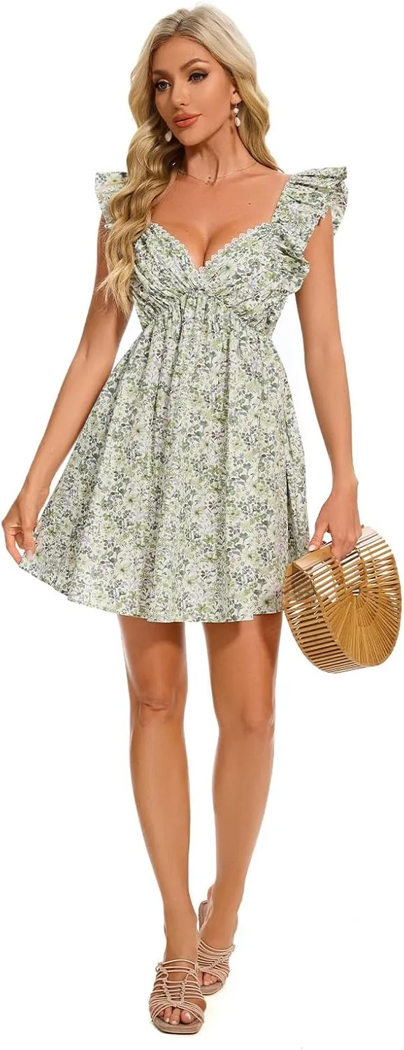 hibshaby Women's Floral Mini Dress V Neck Puff Sleeve Dress Short Babydoll Dress Sun Dress