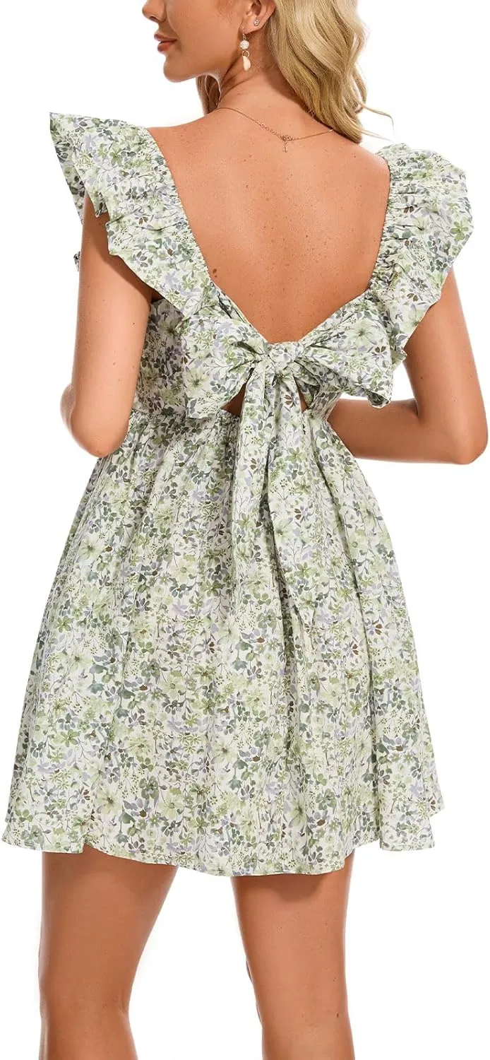 hibshaby Women's Floral Mini Dress V Neck Puff Sleeve Dress Short Babydoll Dress Sun Dress