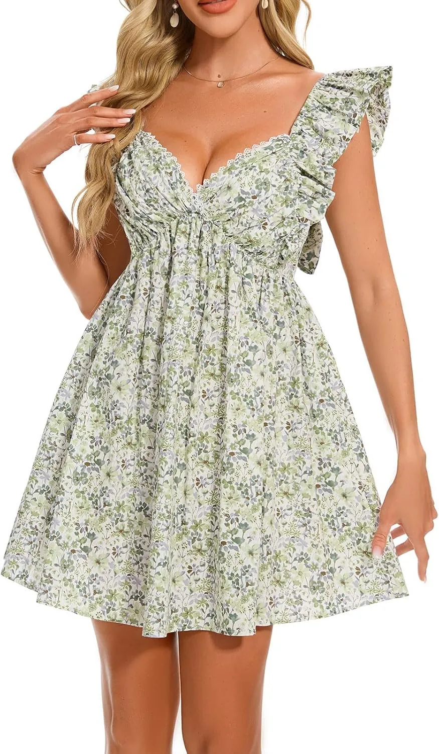 hibshaby Women's Floral Mini Dress V Neck Puff Sleeve Dress Short Babydoll Dress Sun Dress
