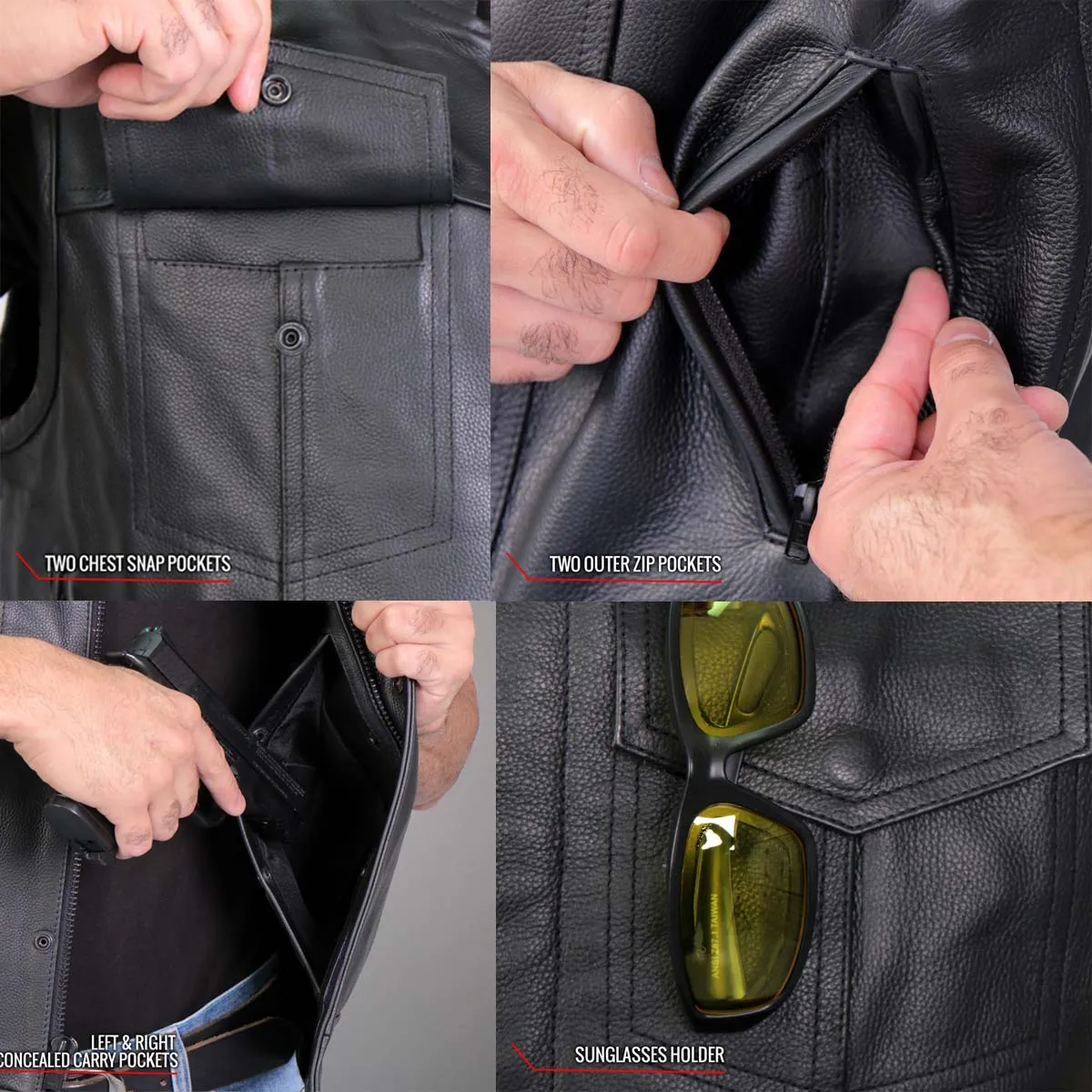 Hot Leathers VSM1050 Mens Black 'Paisley Green' Conceal and Carry Leather Vest