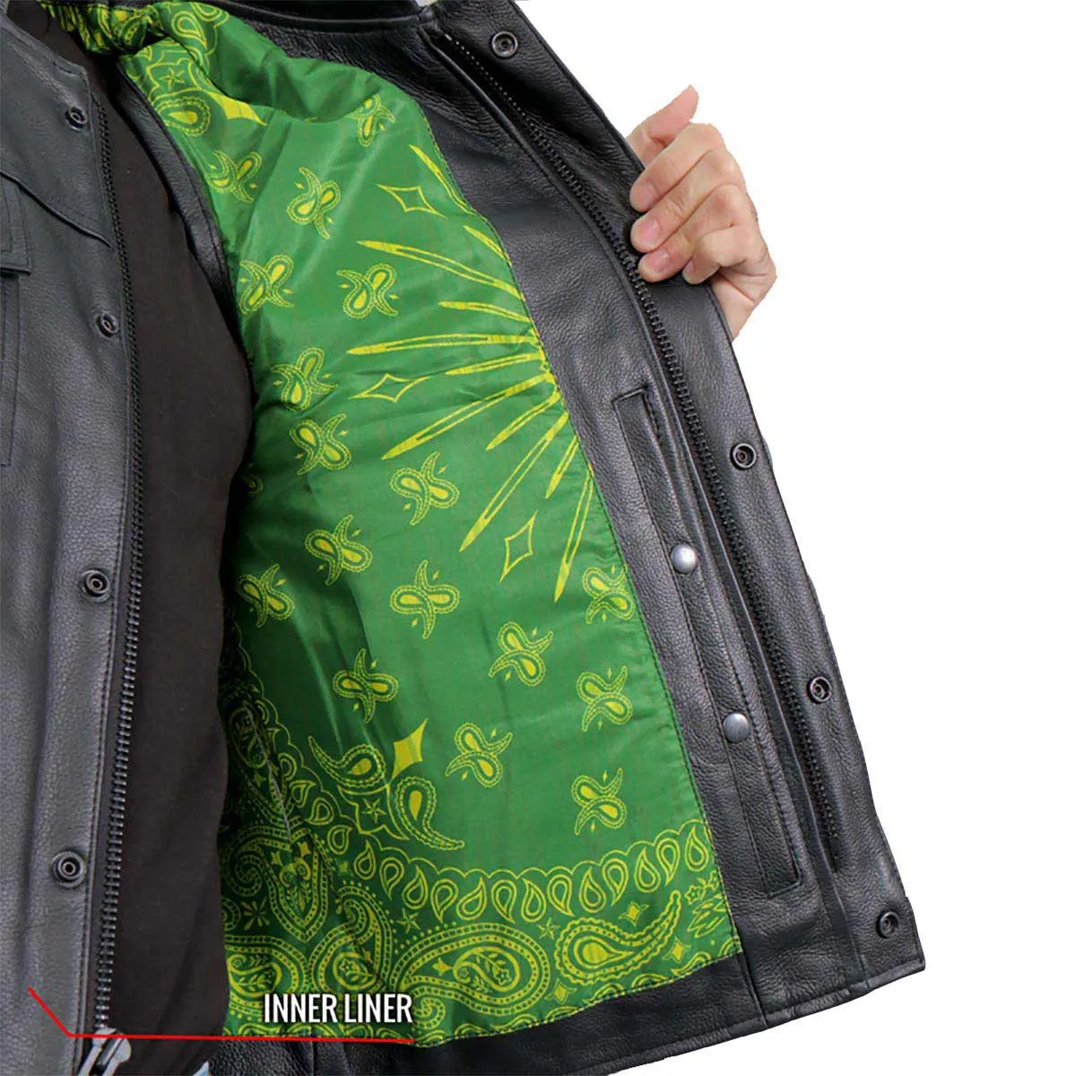 Hot Leathers VSM1050 Mens Black 'Paisley Green' Conceal and Carry Leather Vest