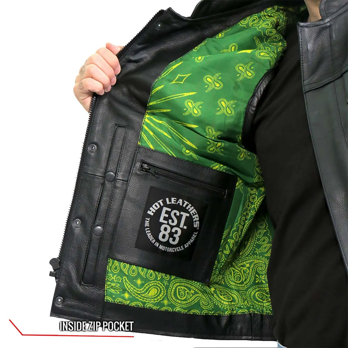 Hot Leathers VSM1050 Mens Black 'Paisley Green' Conceal and Carry Leather Vest
