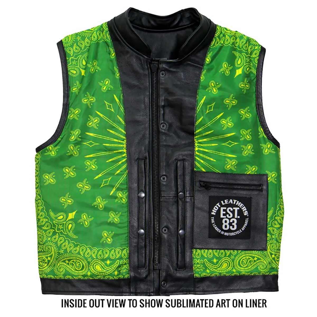 Hot Leathers VSM1050 Mens Black 'Paisley Green' Conceal and Carry Leather Vest