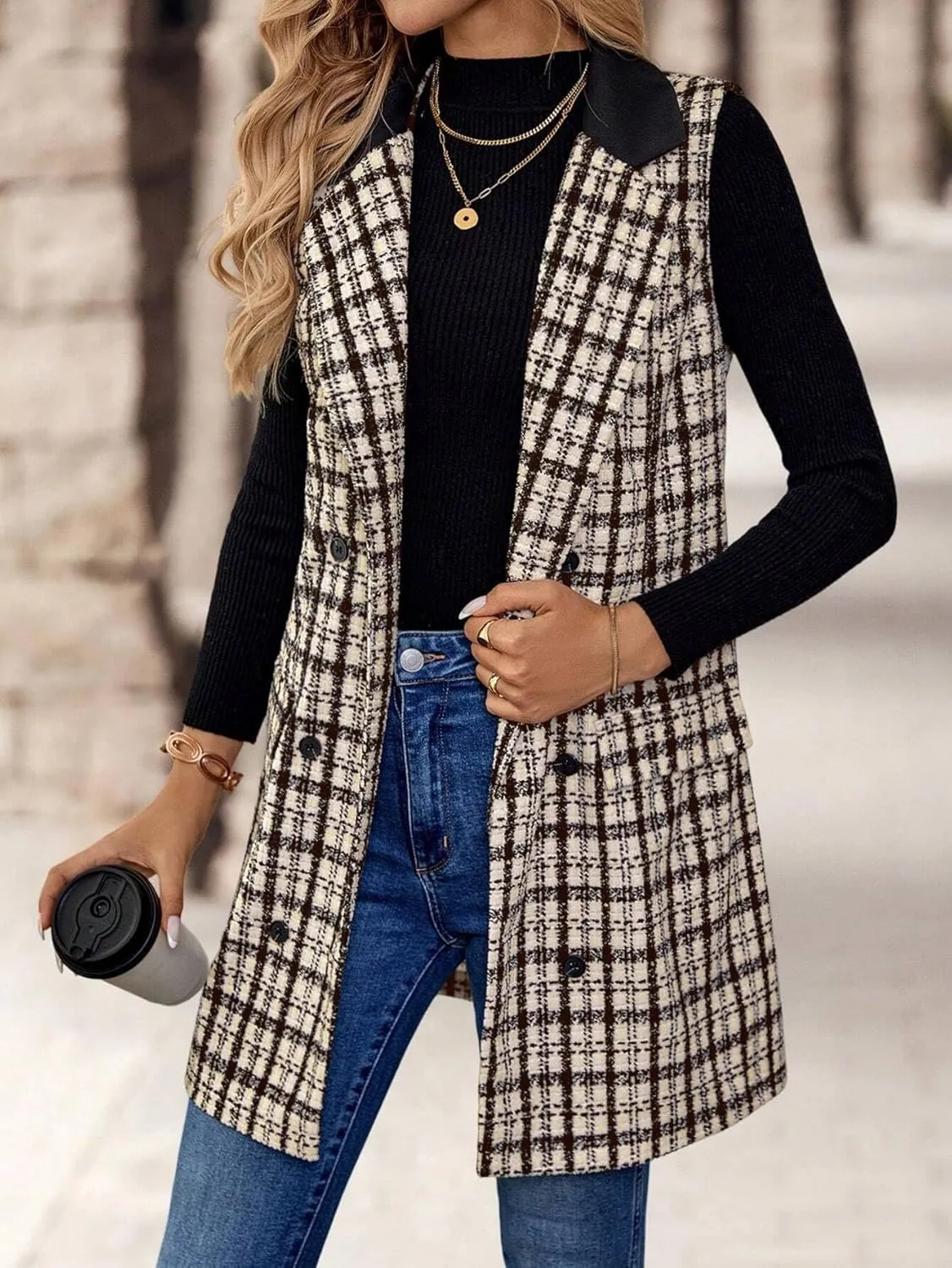 IDEALSANXUN Womens Long Tweed Vest Fall Winter Sleeveless Blazer Jackets Trench Coat