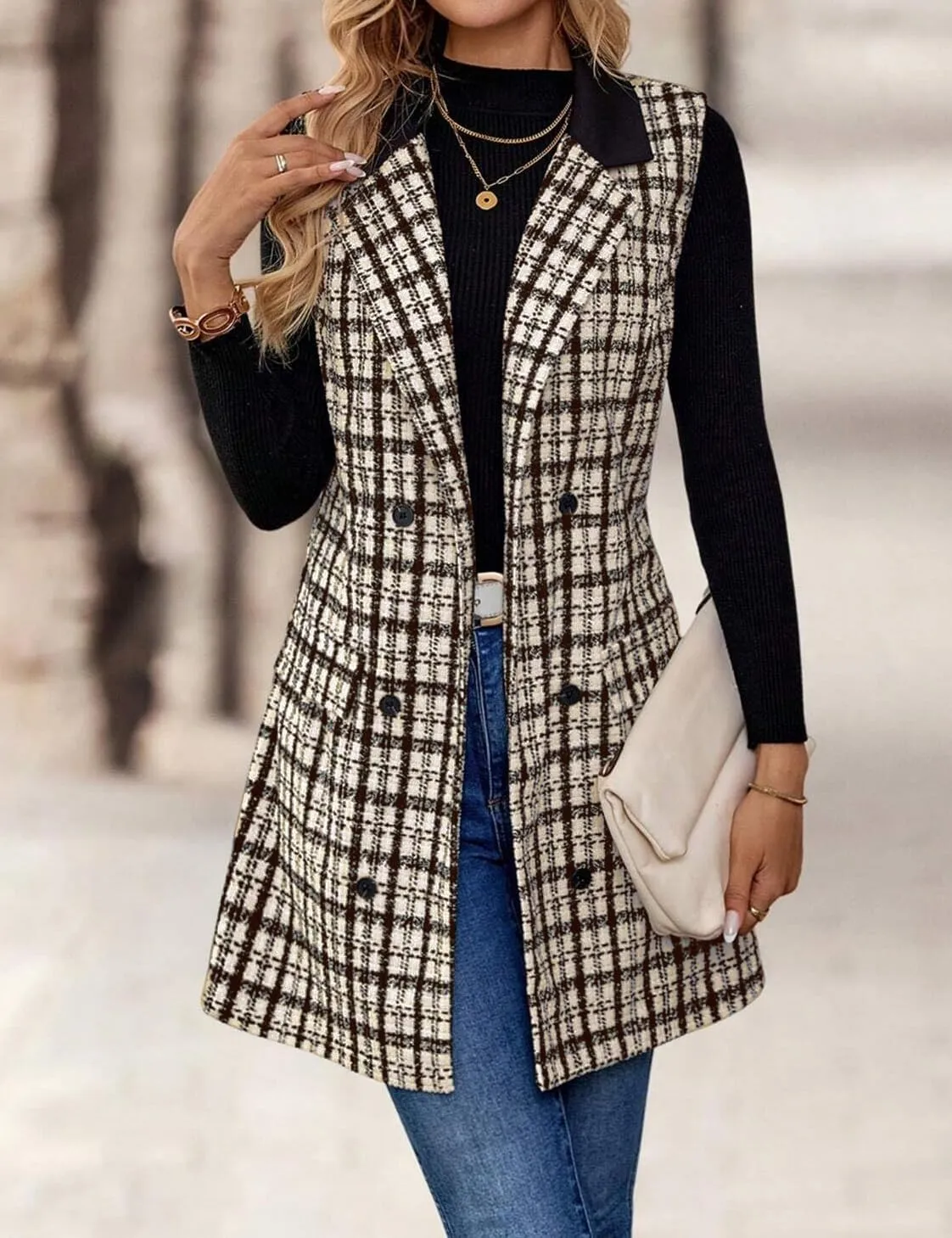 IDEALSANXUN Womens Long Tweed Vest Fall Winter Sleeveless Blazer Jackets Trench Coat