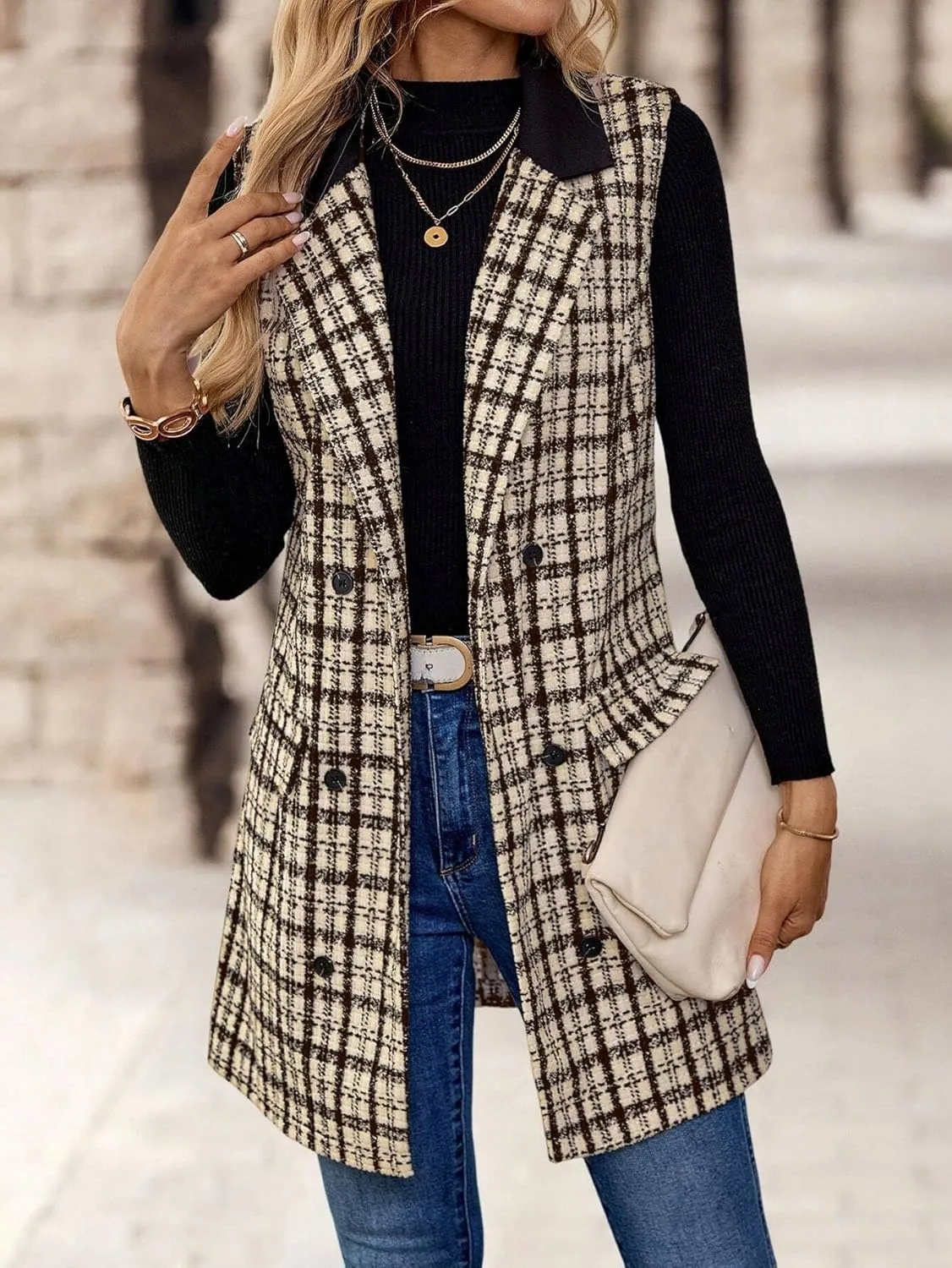 IDEALSANXUN Womens Long Tweed Vest Fall Winter Sleeveless Blazer Jackets Trench Coat