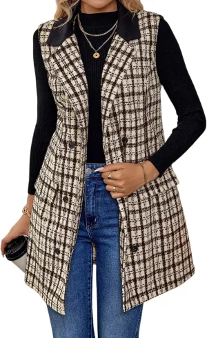 IDEALSANXUN Womens Long Tweed Vest Fall Winter Sleeveless Blazer Jackets Trench Coat