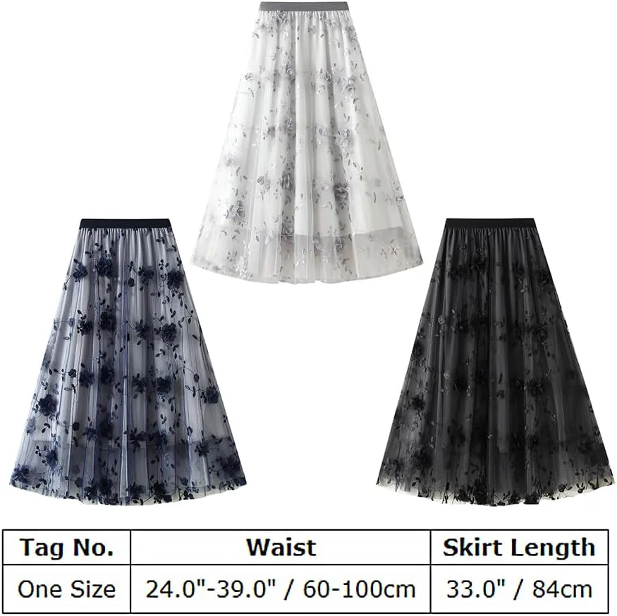 IDOPIP Women Floral Embroidery Mesh Skirt Summer Elastic Waist Ruffle Midi Skirt Formal Elegant Layered Tulle Flowy Skirt