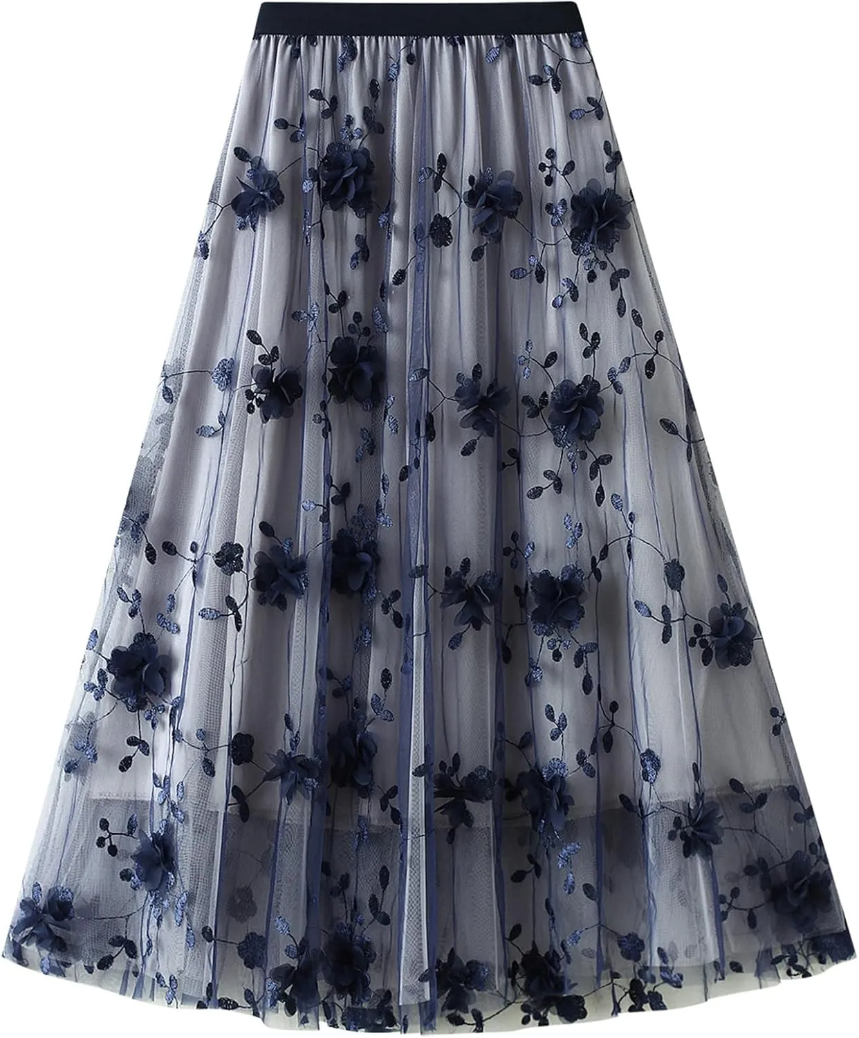 IDOPIP Women Floral Embroidery Mesh Skirt Summer Elastic Waist Ruffle Midi Skirt Formal Elegant Layered Tulle Flowy Skirt
