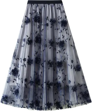 IDOPIP Women Floral Embroidery Mesh Skirt Summer Elastic Waist Ruffle Midi Skirt Formal Elegant Layered Tulle Flowy Skirt
