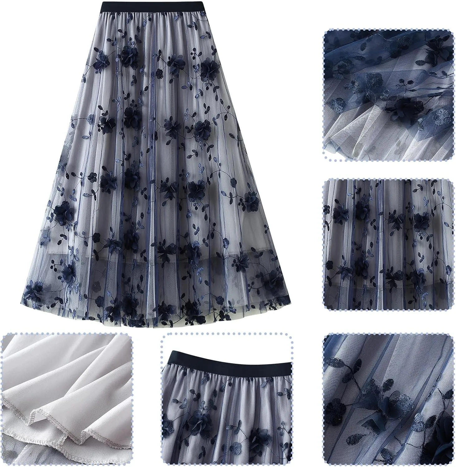IDOPIP Women Floral Embroidery Mesh Skirt Summer Elastic Waist Ruffle Midi Skirt Formal Elegant Layered Tulle Flowy Skirt