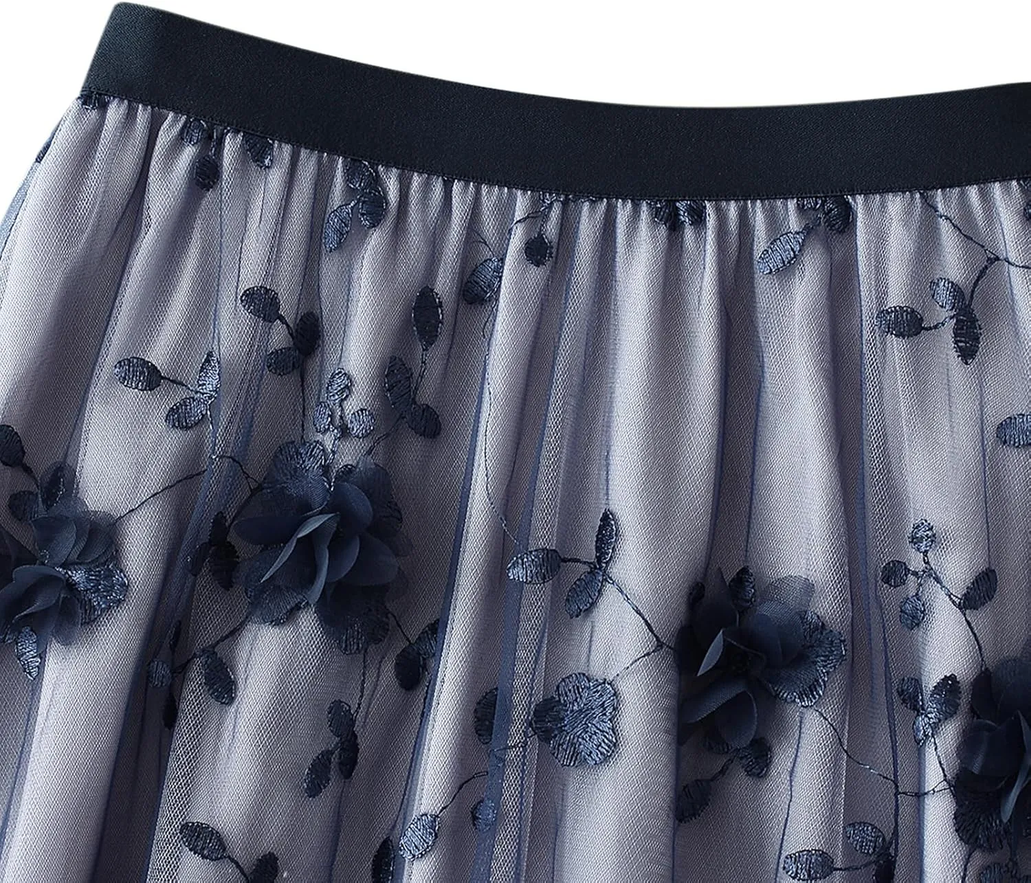 IDOPIP Women Floral Embroidery Mesh Skirt Summer Elastic Waist Ruffle Midi Skirt Formal Elegant Layered Tulle Flowy Skirt