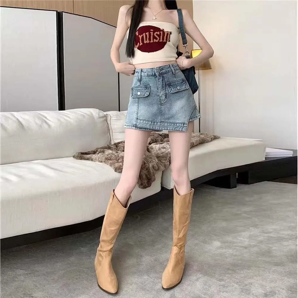 Irregular high Waisted American Denim Short Skirt for Spicy Girls, A-line Hip Hugging Shorts Skirt