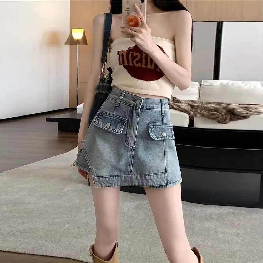 Irregular high Waisted American Denim Short Skirt for Spicy Girls, A-line Hip Hugging Shorts Skirt