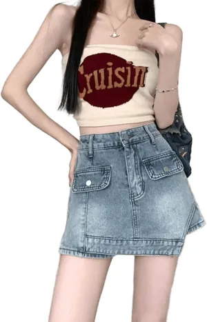 Irregular high Waisted American Denim Short Skirt for Spicy Girls, A-line Hip Hugging Shorts Skirt