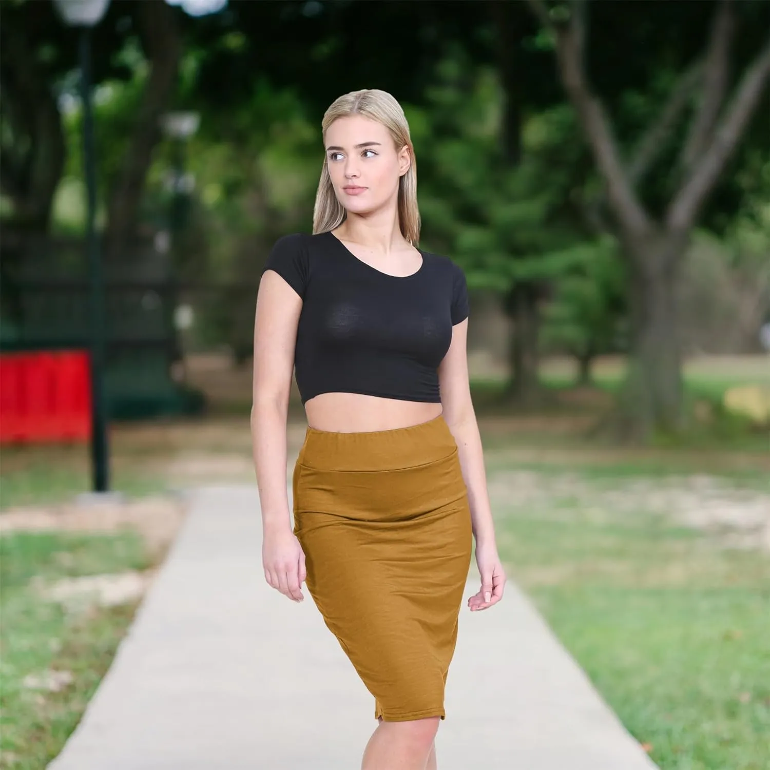 Janisramone Womens High Waisted Plain Jersey Summer Bodycon Tube Stretch Pencil Midi Skirt