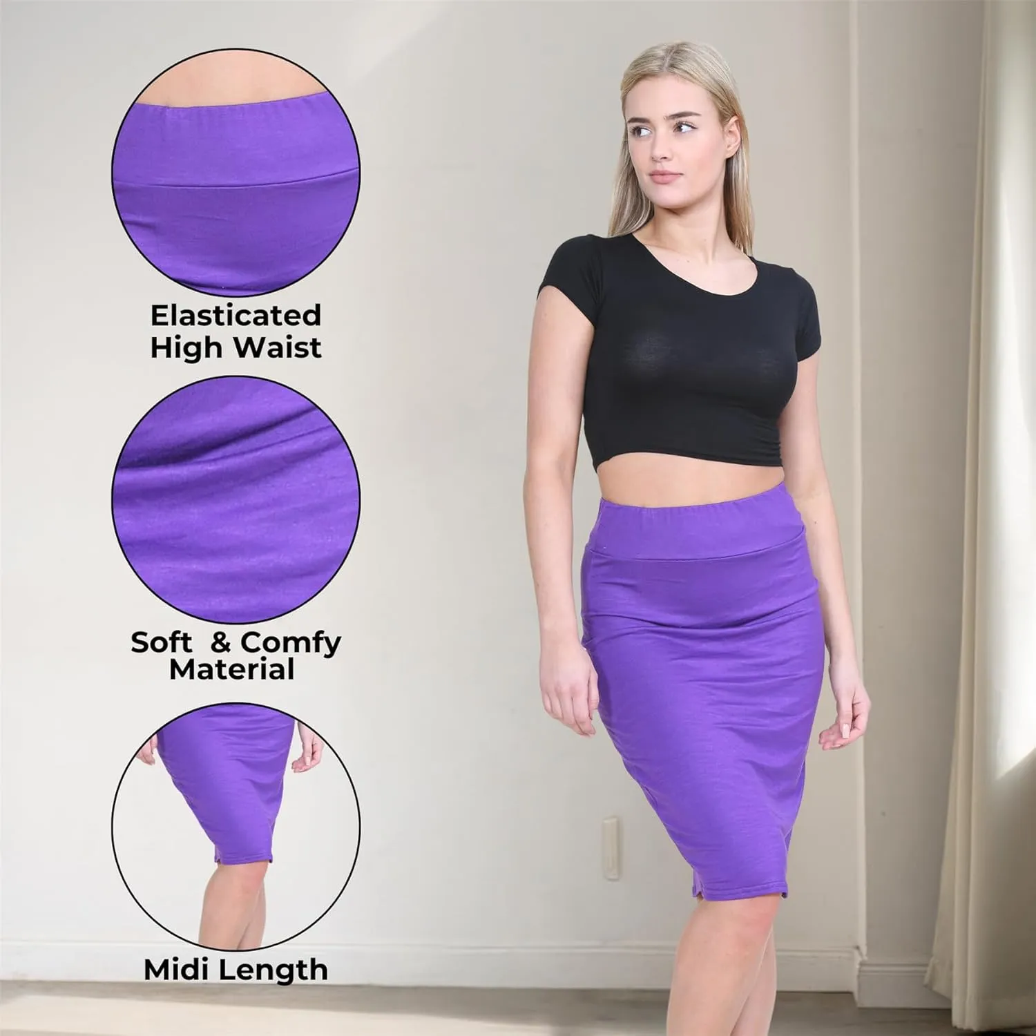 Janisramone Womens High Waisted Plain Jersey Summer Bodycon Tube Stretch Pencil Midi Skirt