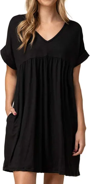Jayscreate Women's Baby Doll Dress Summer Casual Tunic Pleated Flowy Swing Short Sleeve Black V Neck Mini Dress
